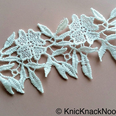 Off White Flower Embroidery Floral Lace Trim, Dyeable Trim, Approx. 65mm - 200317L37